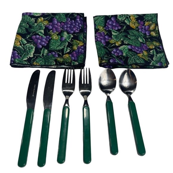 Vtg Picnic Time Stainless Knife Spoon Fork Napkin Flatware Green 8". Set for 2 - Picture 1 of 9